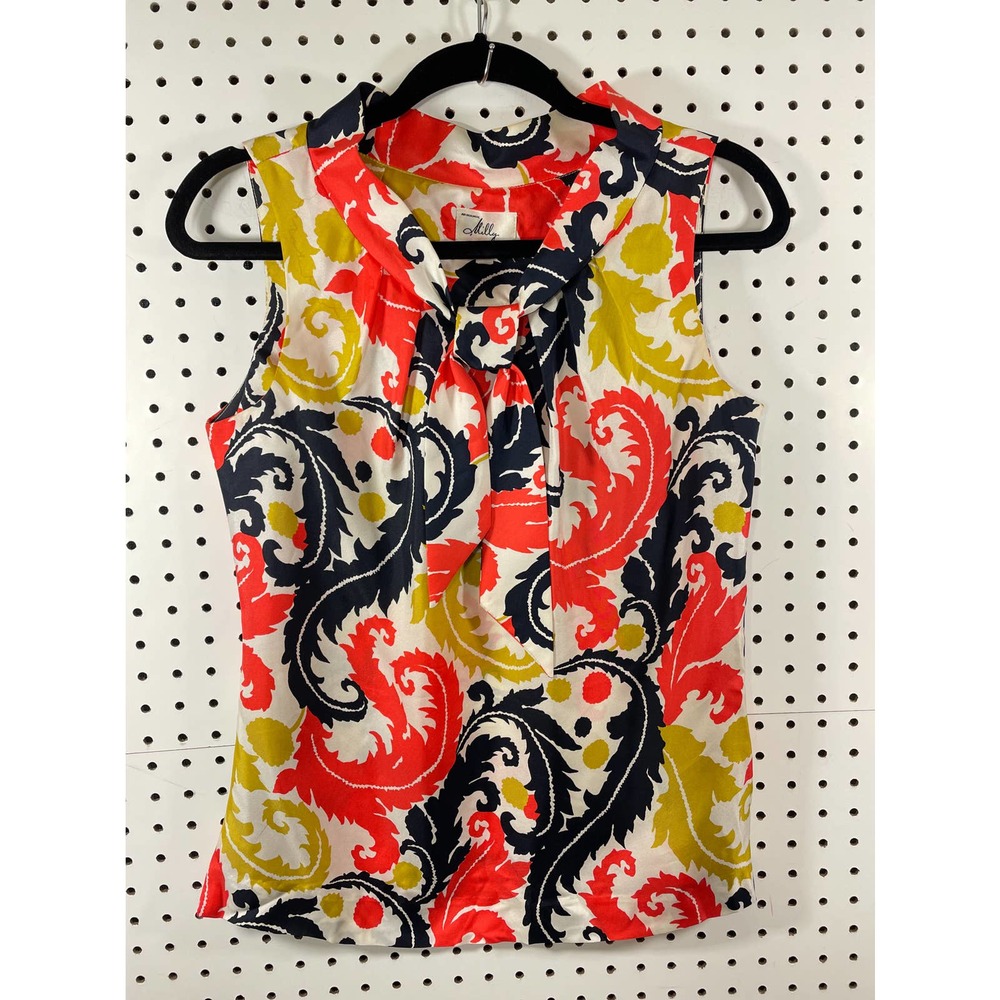 Milly Vintage Silk Tie Neck Paisley Tank Sz 4 *Flaw